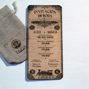 Invitación de Boda de Madera «Billete de Tren Vintage»